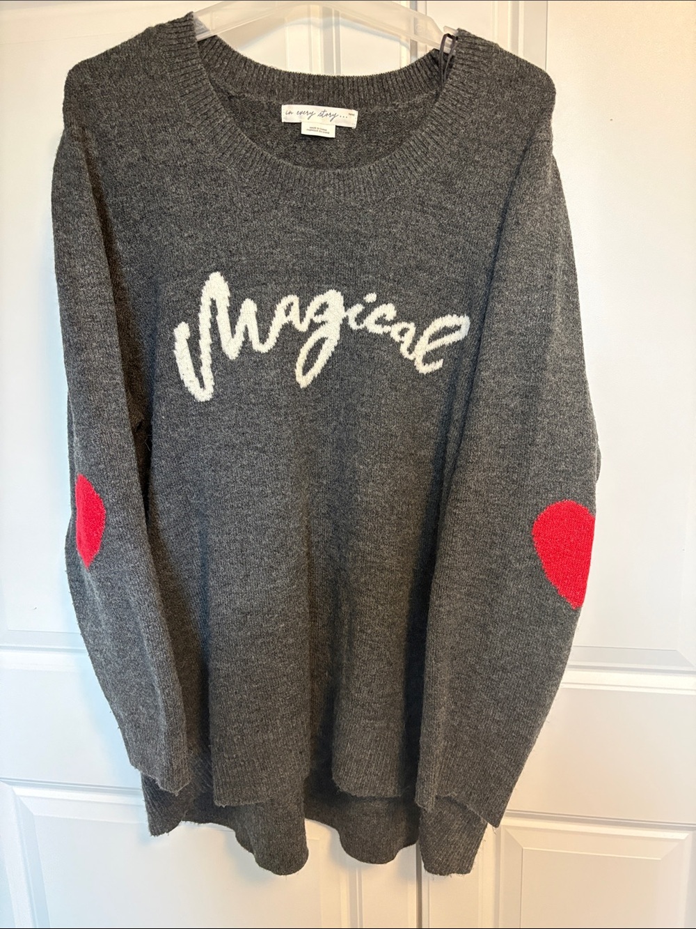 Magical Grey Knit Sweater with Red Elbow Hearts